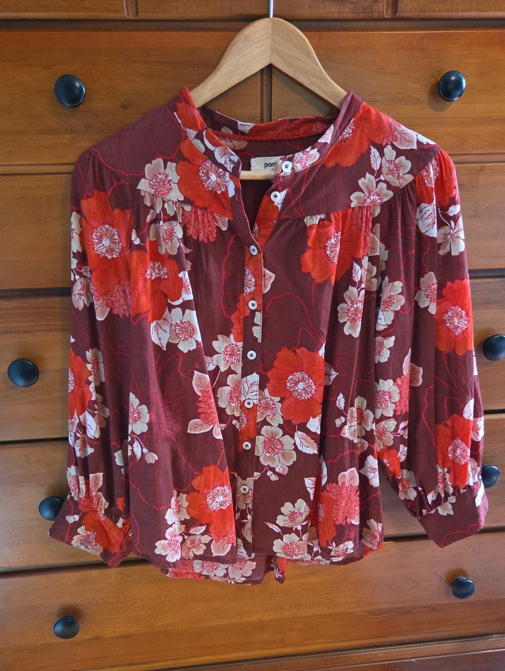 Porridge By Anthropogie Red and Cream Floral Button-Front Blouse